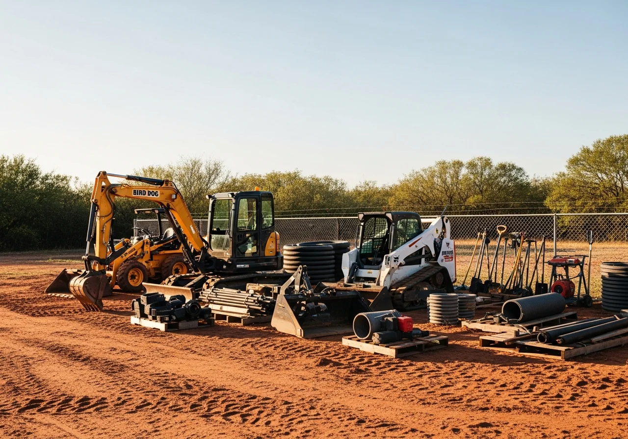 Excavation equipment and crew tools staged at a job site, ready for earthwork and site preparation.