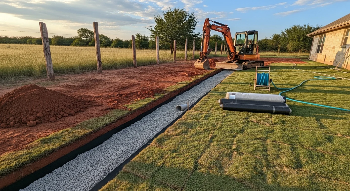 French drain installation showing proper grading and water management on a residential lot