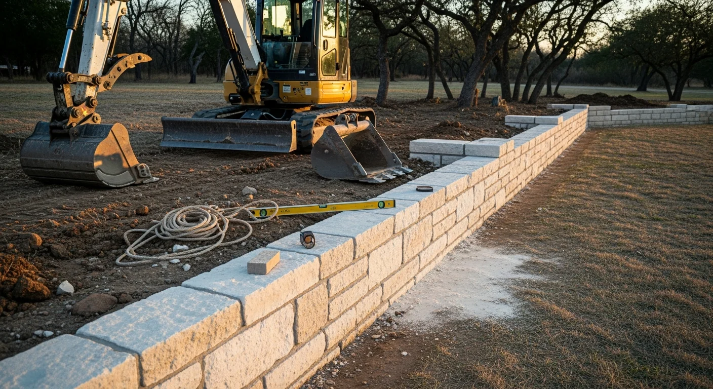 Completed retaining wall installation on a residential property in Weatherford, Texas