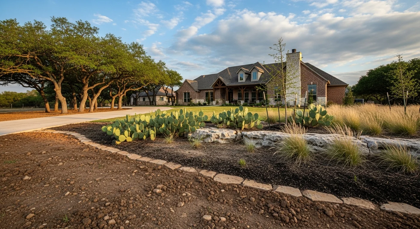 Wide view of a Parker County home with mature trees and a clear driveway, showing typical residential property in the county.