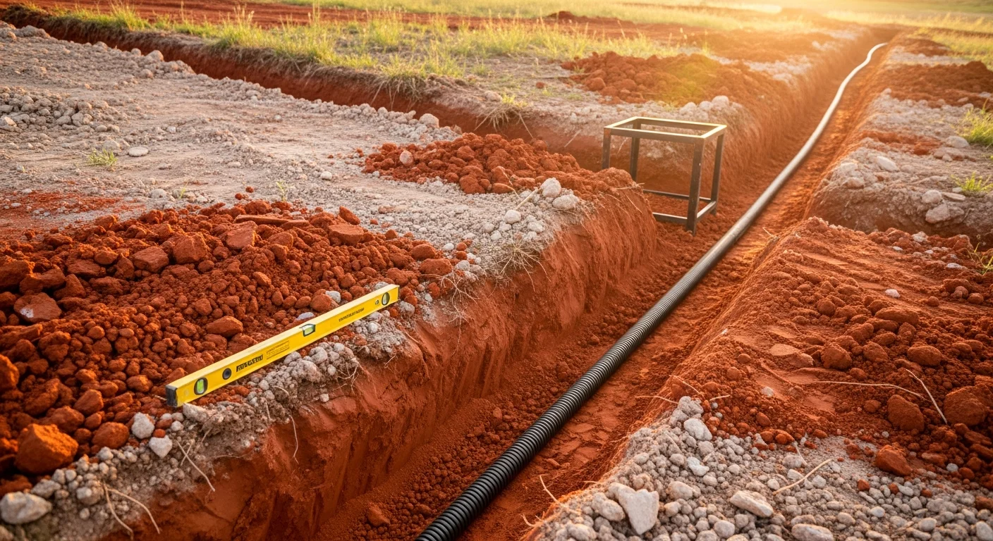 A freshly excavated drainage channel running along the edge of a residential yard in Parker County, Texas, with graded soil sloping away from the home's foundation. A Bird Dog Excavation LLC crew member inspects the trench line before pipe installation begins.