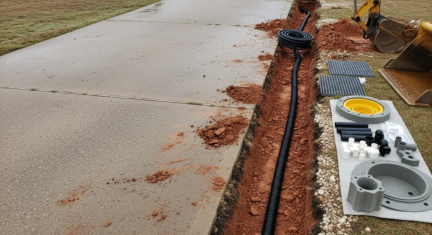 A Parker County residential driveway with a newly installed catch basin and regraded surface directing rainwater away from the slab. The surrounding clay soil is dry and stable with no pooling visible after a recent rain event.