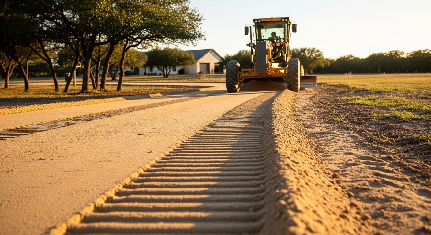 A graded dirt driveway on a rural Parker County, TX property showing a smooth crowned surface with water drainage directed away from the main structure. Heavy equipment tracks are visible along the edges where compaction work was completed.