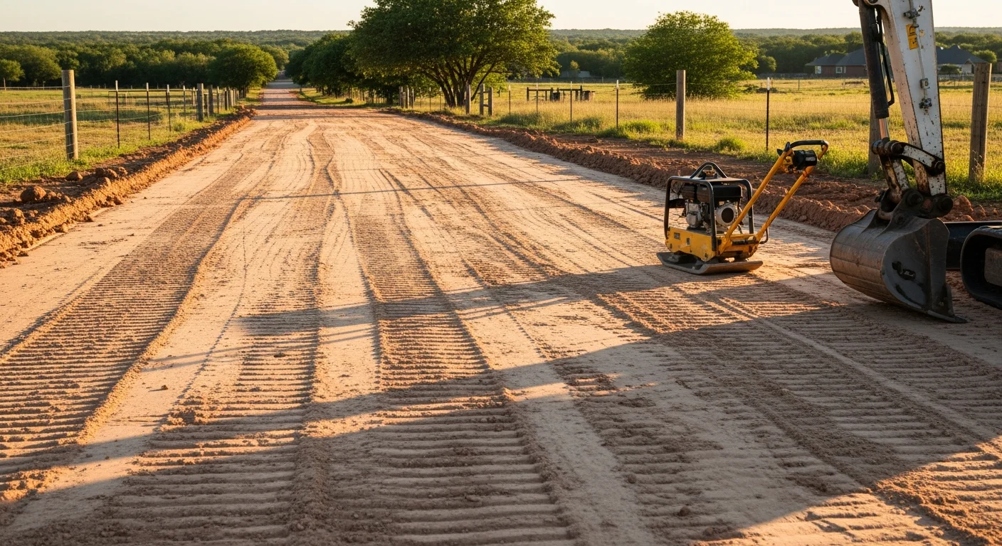 A freshly installed gravel driveway on a rural residential property in Parker County, TX, with a compacted base and graded edges leading to a home. The surrounding terrain shows typical North Texas open land with a clear drainage slope away from the drive surface.