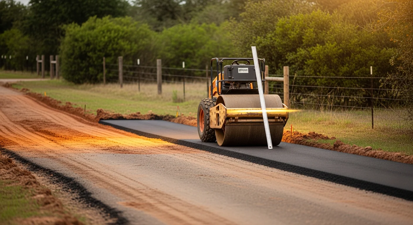 A repaired residential driveway in Parker County, Texas, showing a level, crack-free surface with restored edges and proper drainage slope. Bird Dog Excavation crew equipment visible on a rural property with open land in the background.