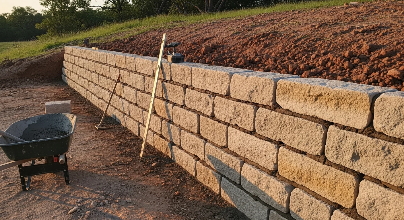A completed erosion control retaining wall built into a sloped residential property in Parker County, Texas, with graded soil held firmly behind the wall and a cleared drainage path visible along the base.