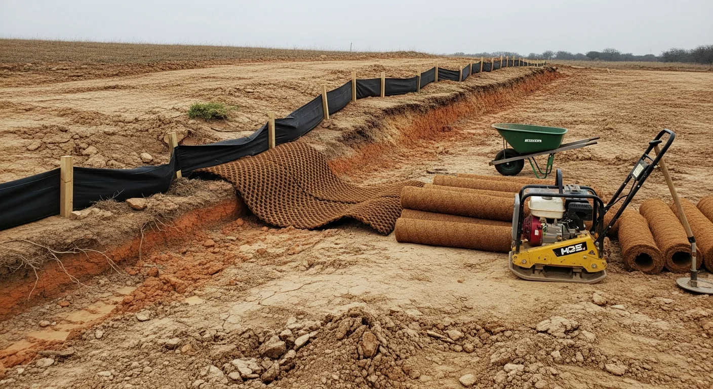 A graded slope on a Parker County property with erosion control measures installed along the drainage path, showing stabilized soil and a defined runoff channel. A Bird Dog Excavation crew works on the site against a backdrop of rolling Texas terrain.