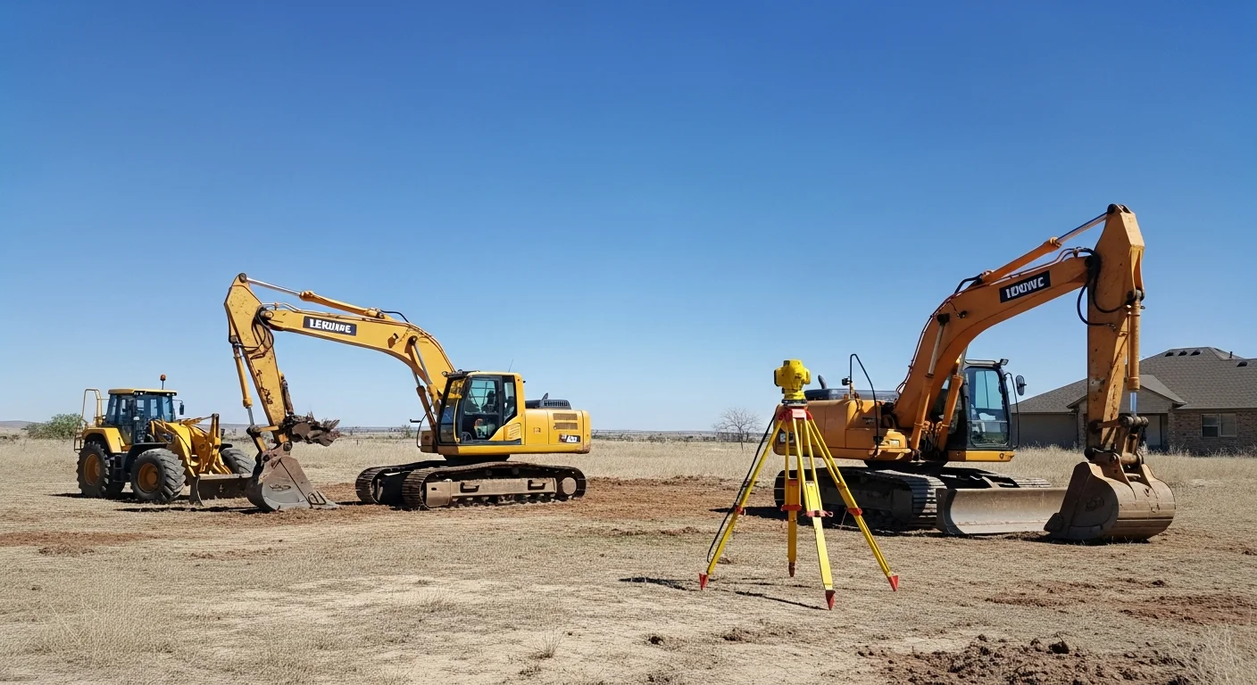 A tracked excavator cutting and grading a rural site pad on a Parker County, Texas property with cleared land and rolling terrain in the background. The freshly graded soil shows a level building surface ready for foundation work.