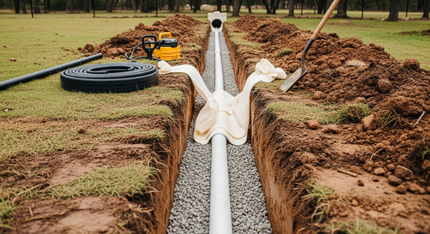A freshly installed French drain trench in a Parker County residential yard, showing a perforated pipe bedded in gravel and wrapped in filter fabric before backfill. The surrounding clay soil and flat yard grade reflect typical drainage conditions found across Parker County, Texas.
