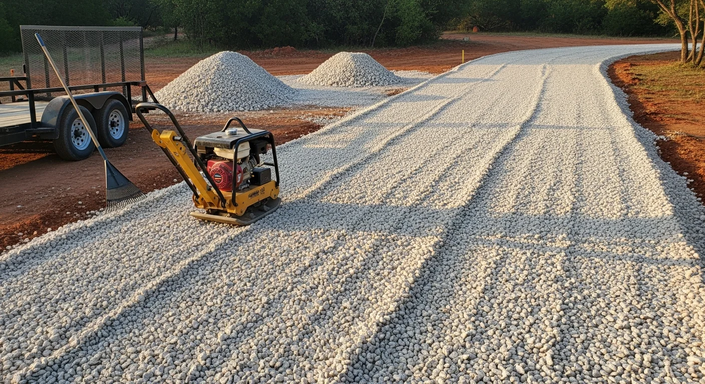 A freshly installed gravel driveway on a rural Parker County, Texas property, showing a compacted and crowned gravel surface extending toward a ranch entrance. The surrounding terrain reflects the open, mixed-soil landscape typical of the area.