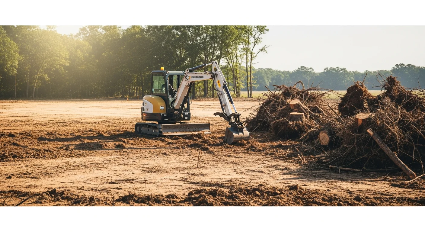 A Parker County, TX property after land clearing by Bird Dog Excavation, showing open, debris-free ground with stumps and cedar brush removed. Heavy excavation equipment sits at the edge of the cleared site ready for the next phase of work.