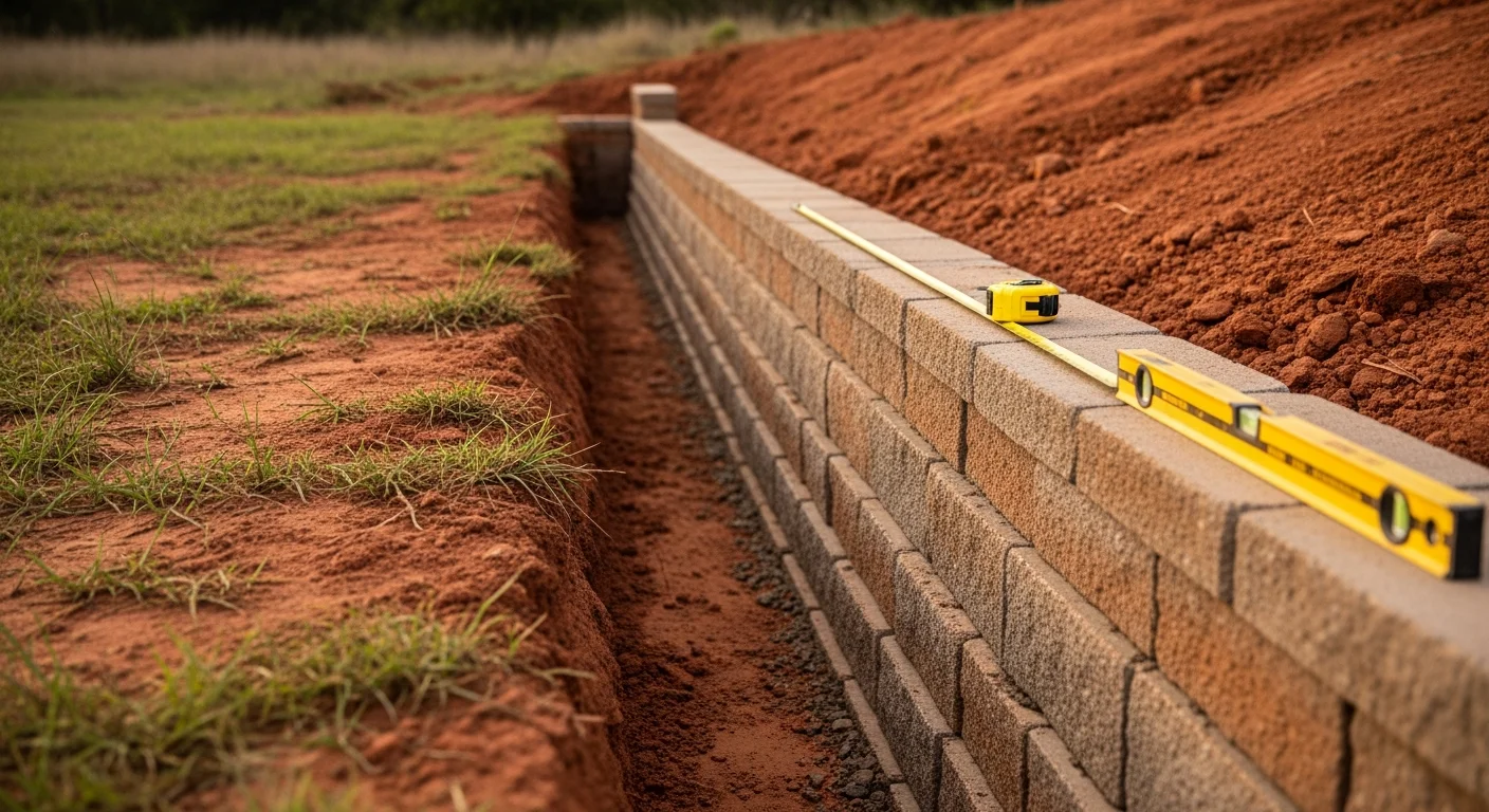 A completed landscape retaining wall on a sloped residential property in Parker County, Texas, with graded flat yard space behind the wall and exposed native soil visible on the cut slope. Bird Dog Excavation equipment staged nearby on a cleared work site.