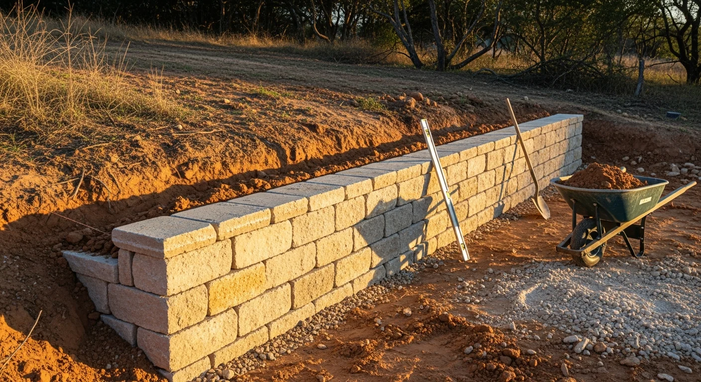 A newly constructed retaining wall on a sloped residential lot in Parker County, Texas, with compacted backfill and graded soil visible behind the wall face. The surrounding terrain shows typical North Texas mixed soil and cleared land ready for landscaping.