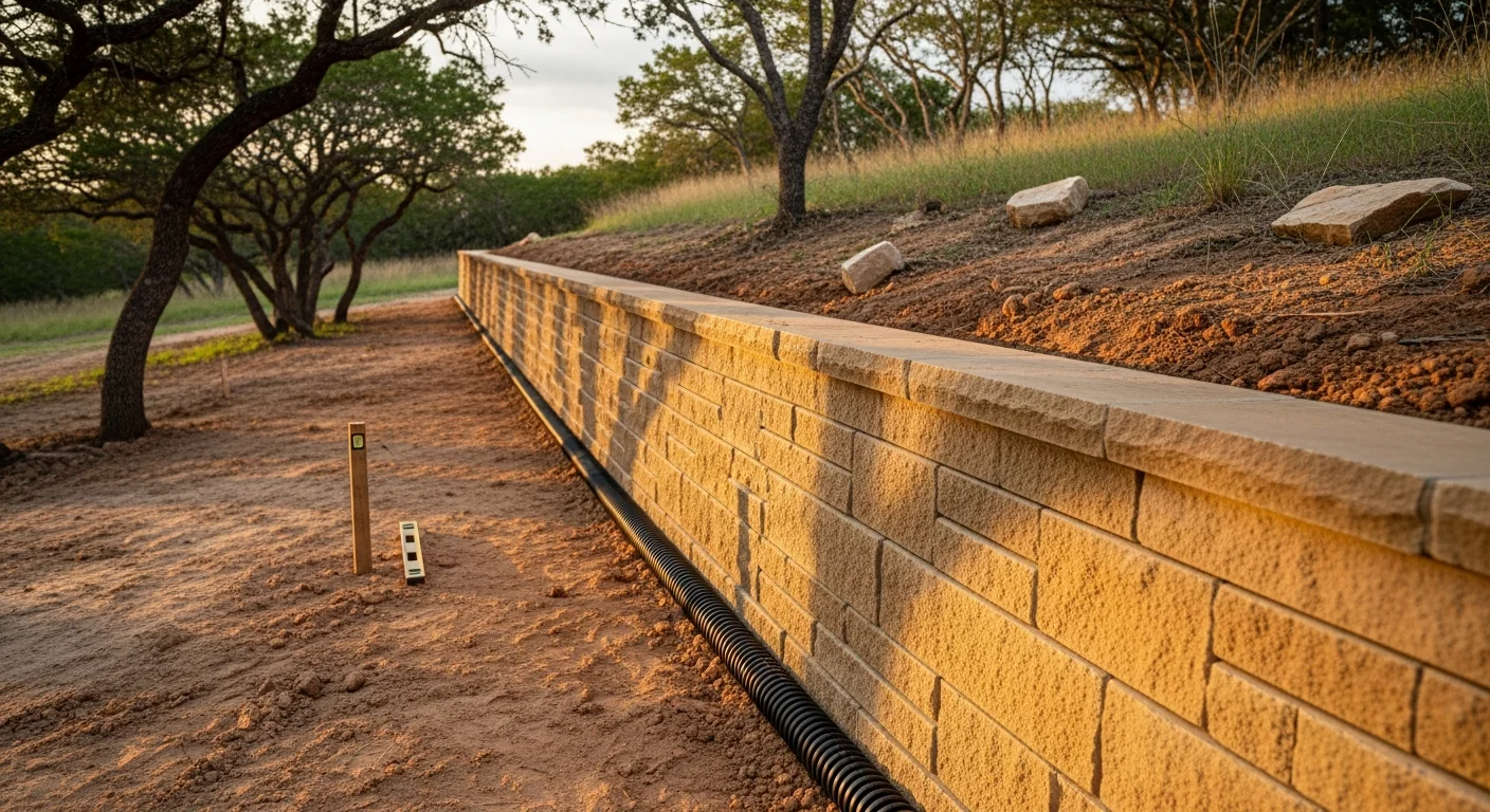 A completed retaining wall on a sloped residential lot in Parker County, Texas, with compacted backfill and visible drainage aggregate along the base. The wall holds back a raised yard area with flat usable ground above and a stable slope below.