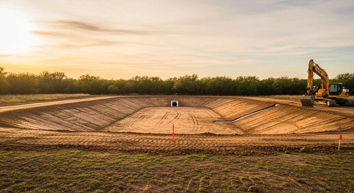 Freshly excavated retention pond on a rural Parker County, Texas property with graded earthen banks and a visible inlet structure. Surrounding land shows cleared vegetation and shaped slopes ready for stabilization.