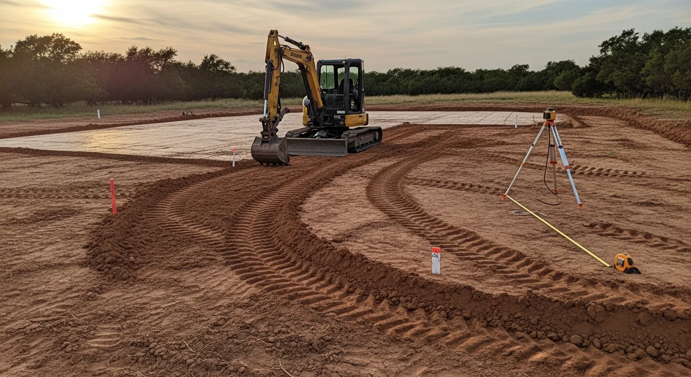 A Parker County, TX residential lot after rough and finish grading, showing a smooth, sloped surface with defined drainage direction and compacted soil ready for foundation work. Heavy excavation equipment is visible at the edge of the cleared site.