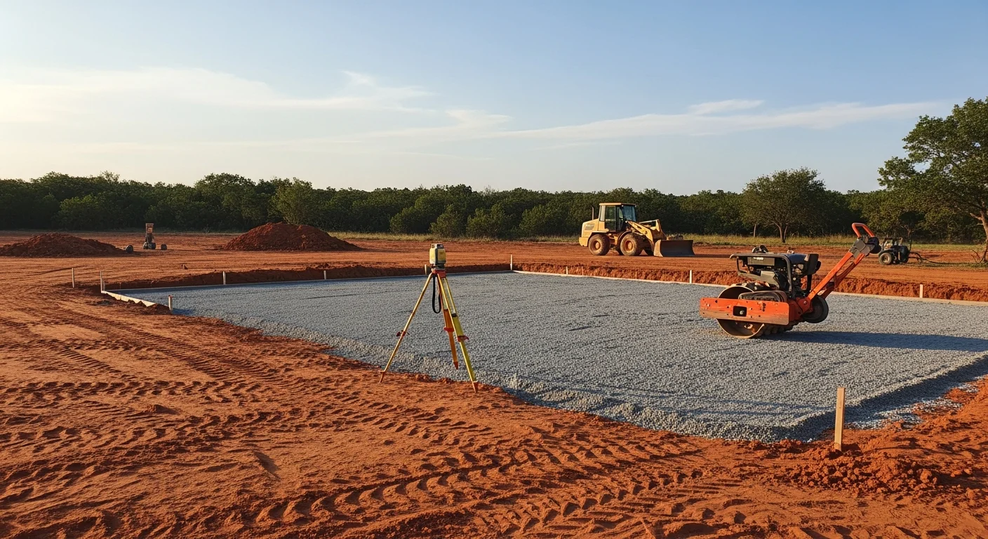 A Bird Dog Excavation LLC excavator grading and leveling a raw building site on a rural Parker County, Texas property. The cleared pad shows freshly compacted soil with drainage slopes shaped away from the center of the lot.