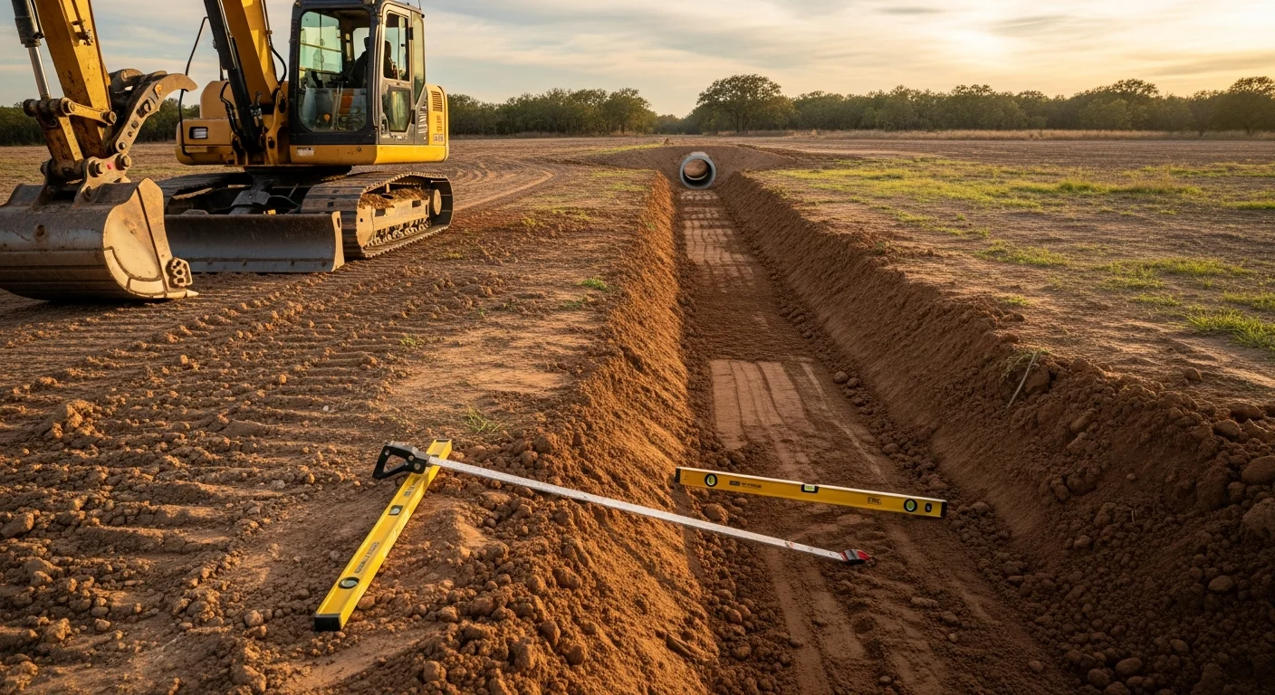 A freshly graded drainage swale running along a rural property line in Parker County, Texas, with compacted soil and a clear channel directing water away from a residential structure. Surrounding land shows open pasture typical of Parker County acreage.