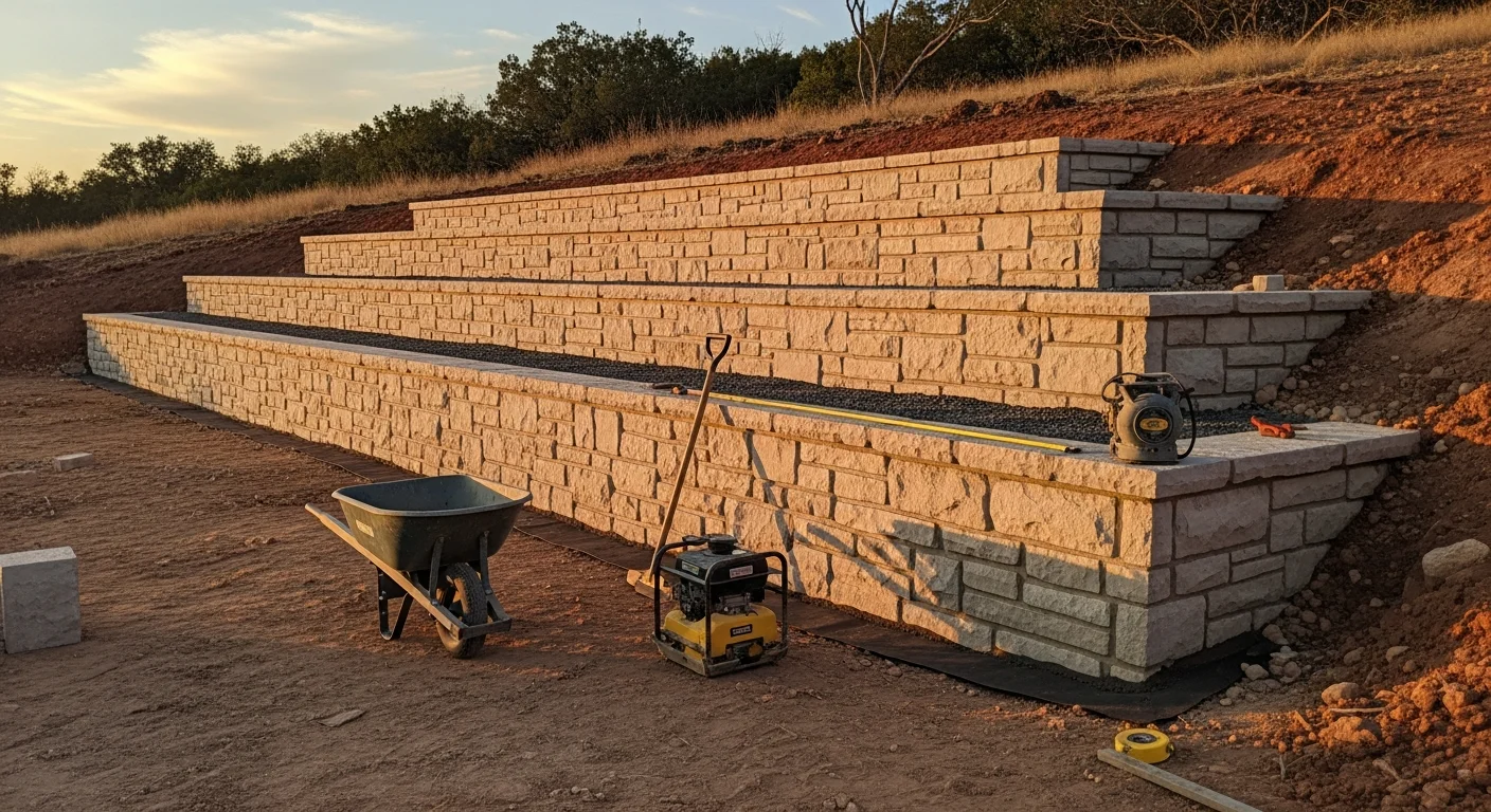 A completed tiered retaining wall system on a sloped residential lot in Parker County, Texas, showing two stepped stone tiers holding back graded soil with a flat usable yard area between levels. Excavated grade changes are visible behind each wall tier against a clear Texas sky.