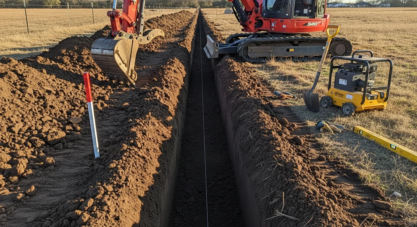 A straight, cleanly cut utility trench dug across a Parker County residential property, with exposed soil walls and compacted trench floor ready for underground line installation. An excavator sits alongside the open trench on a rural lot with open land visible in the background.